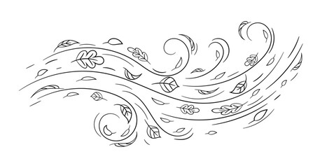Black line art shows wind with swirling leaves, capturing movement and nature in a simple way.