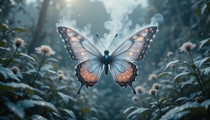 Magical Luminescent Butterfly Hovering in Mystical Forest Enchanting Nature Scene Fantasy Art