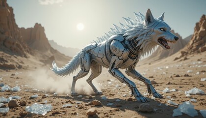 Fototapeta premium Futuristic Robotic Wolf Running in Desert Landscape Sci Fi Digital Art