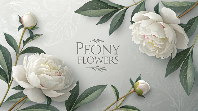 Fresh soft white peony flowers with leaves on light gray table background. Empty place for emotional, sentimental text, quote or sayings. Closeup. Top view.
