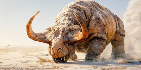 Massive prehistoric fantasy beast with large horns walking in desert dust