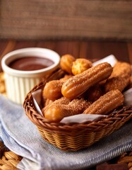 Fototapeta premium Crispy Churros Filled with Melted Chocolate and Cinnamon Sugar. Mexican dessert