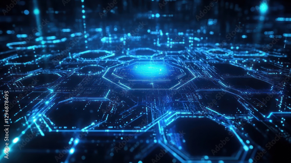 Poster futuristic digital network; glowing hexagons; data streams; technology background; website header