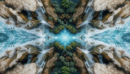 Abstract Kaleidoscope of Nature Serene Waterfall and Lush Green Forest in a Symmetrical Design