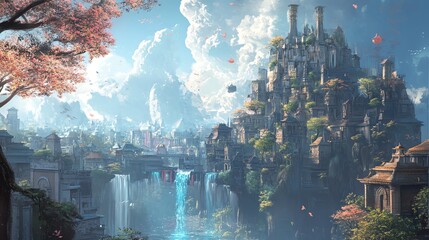 Vibrant fantasy landscape with waterfalls and clouds. © VaVa