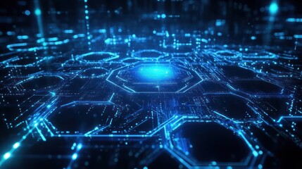 Obraz premium Futuristic digital network; glowing hexagons; data streams; technology background; website header