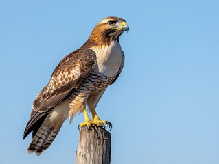Majestic hawk perched on a wooden post against a clear blue sky, showcasing its stunning plumage and sharp gaze, symbolizing freedom and nature's beauty