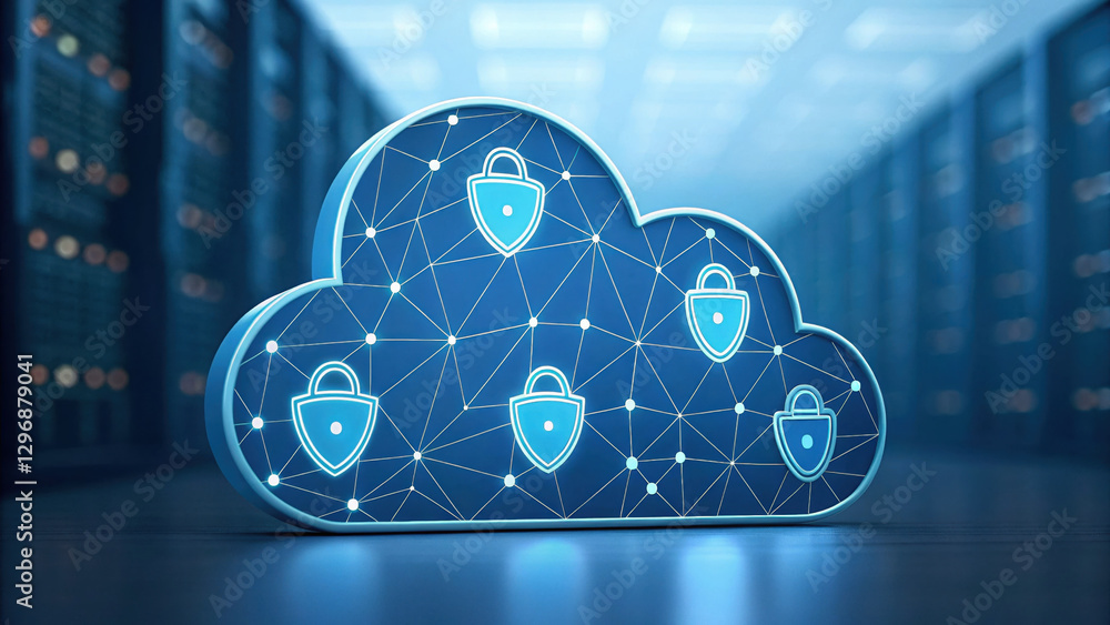 Poster high tech cloud representation with digital security locks, symbolizing data protection and connecti