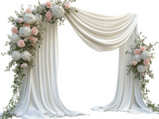 Elegant floral wedding arch with draped fabric and soft pastel flowers for ceremonies.