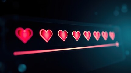 A row of illuminated hearts symbolizing increasing approval, affection, or popularity gauge.