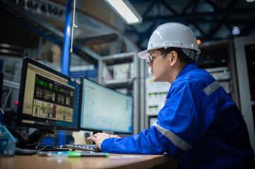 Engineer working at control room,Manager control system,Technician man monitoring program from a...