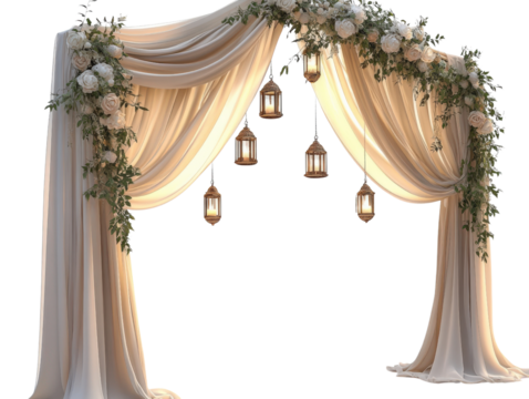 Elegant wedding arch with flowing curtains and floral arrangements.