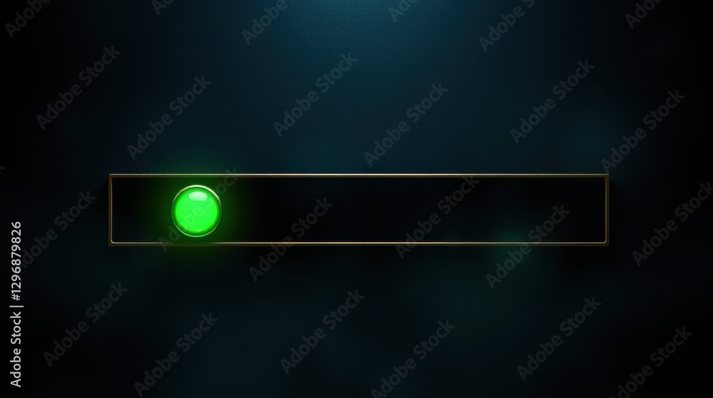 Poster green illuminated button with a rectangular frame against a dark teal background evokes futuristic t