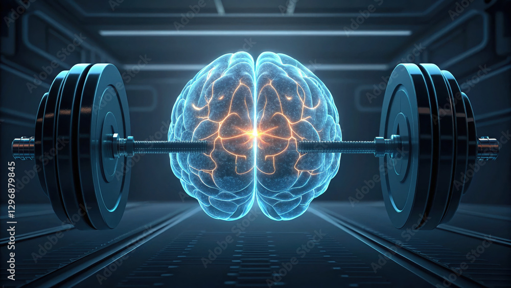Poster abstract representation of brain lifting weights, symbolizing strength and intelligence. glowing bra