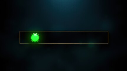 Green illuminated button with a rectangular frame against a dark teal background evokes futuristic technology