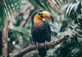 Fototapeta premium Colorful toucan perched gracefully on a branch surrounded by lush greenery in a vibrant tropical habitat, showcasing nature's beauty and biodiversity