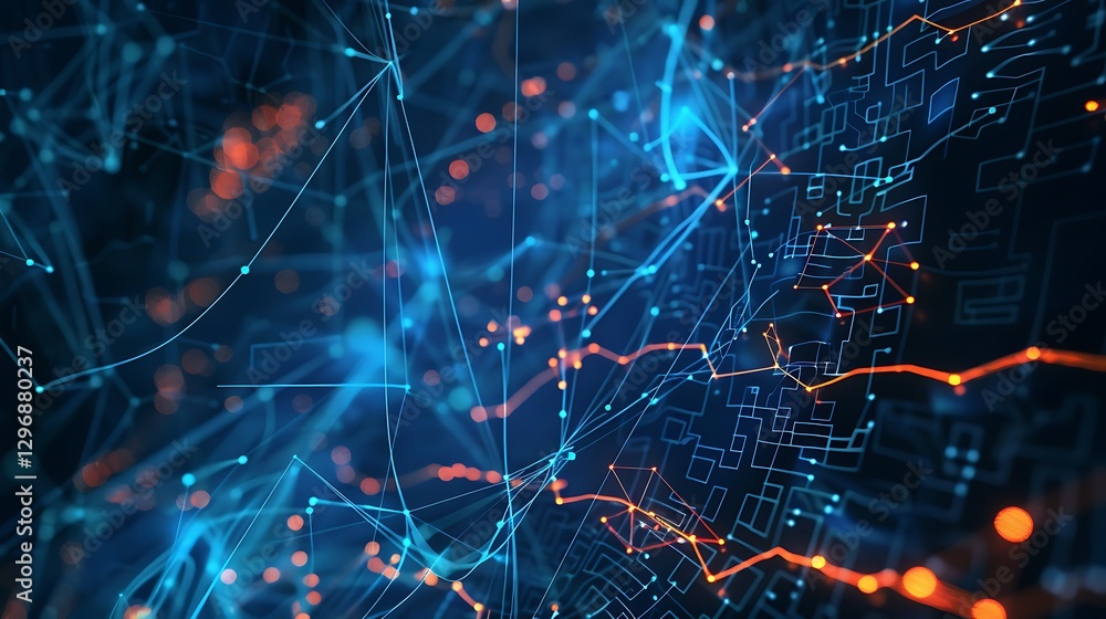 Poster abstract digital network with glowing blue lines and nodes interconnected against a dark background,