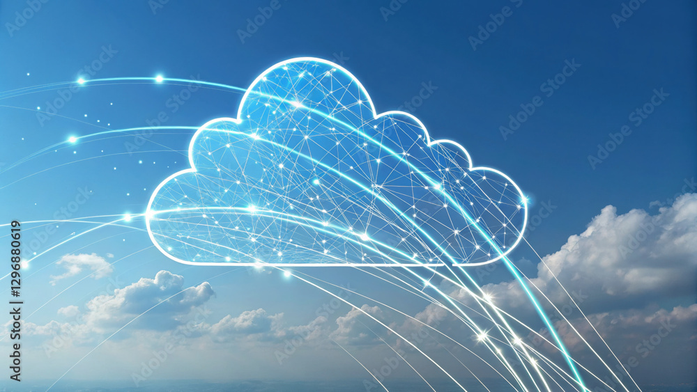 Poster high tech illustration of cloud with digital connections, symbolizing data transfer and connectivity