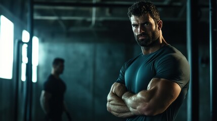 Obraz premium Muscular man stands confidently in gym during strength training session in evening light. Generative AI