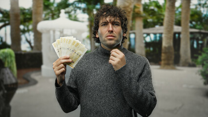 Man holding norwegian krone banknotes outdoors on a city street expressing contemplation amidst...