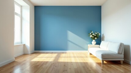 Fototapeta premium Serene Minimalist Living Room Interior Design with Sunlight Streaming Through a Window, Accented by a White Sofa and Delicate White Flowers in a Vase on a Side Table