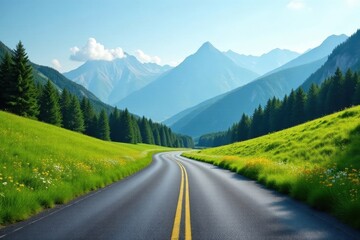 Fototapeta premium Asphalt ribbon winding through verdant meadows towards a majestic mountain range under a clear sky