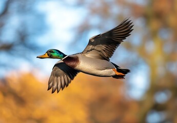 Obraz premium Majestic Mallard Duck in Flight Over Colorful Autumn Trees Showcasing Vibrant Feathers and Graceful Wings in Natural Habitat
