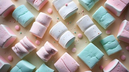 Bench of marshmallow, top view pastel color for candy shop banner.