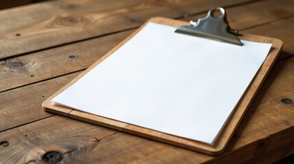 Fototapeta premium Blank Paper on Wooden Clipboard Ready for Notes or Sketches on Rustic Table