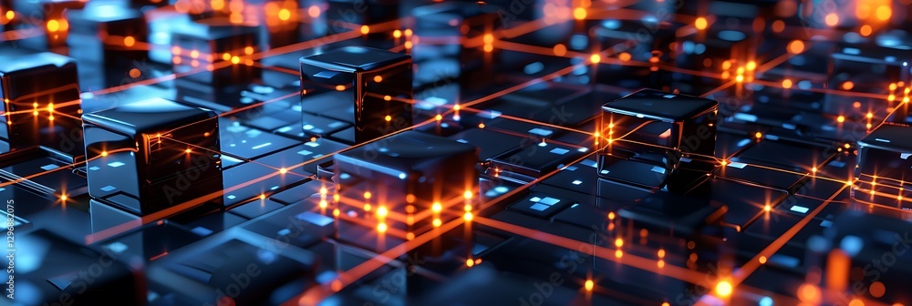 Poster abstract network of interconnected glowing blue cubes and orange lines, representing data flow, arti