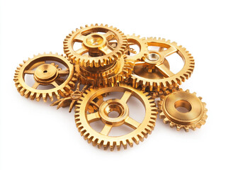 A collection of interlocking golden gears of various sizes, intricately arranged, showcasing the complexity and precision of mechanical engineering.