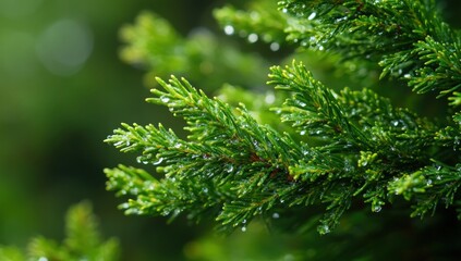 Fototapeta premium Close up of a pine tree branch with vibrant water drops