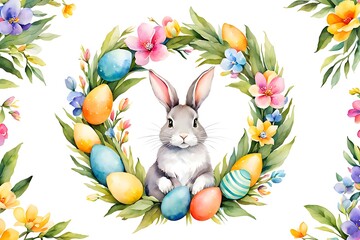 Easter bunny in a wreath of flowers and eggs, watercolor