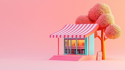 Pastel storefront 3D model, whimsical shop, minimal background