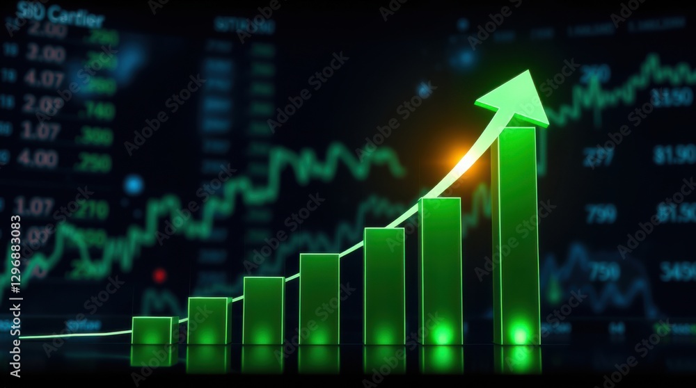 Poster rising trend: green bar graph with upward arrow signifies growth in a dynamic data display backgroun