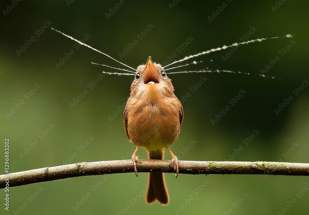 Poster cute bird with a unique vocal expression perched on a branch in a lush green environment surrounded 