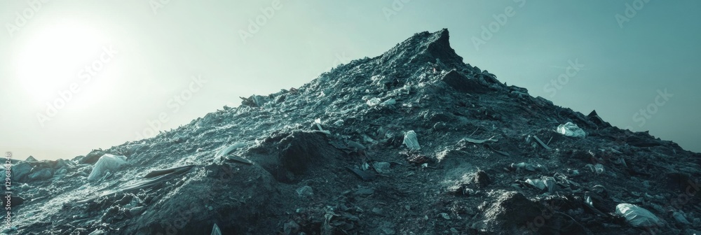 Poster mountain of plastic waste rising in a landfill under an overcast sky with clear space for environmen