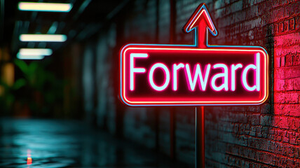 Obraz premium neon sign displaying word Forward with upward arrow, set against dimly lit corridor. vibrant colors create modern and energetic atmosphere