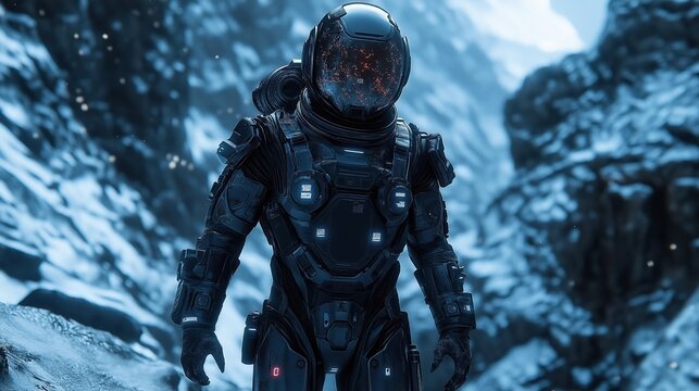 A futuristic astronaut in an advanced black spacesuit exploring a frozen alien landscape, with glowing details and a reflective helmet adding a sci-fi atmosphere
