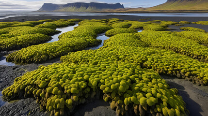 Naklejka premium Bladder wrack (Fucus vesiculosus) at low tide, West fjords, North urland vestra, Iceland, Europe