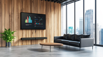 Modern Office Space with Large Window and Business Presentation Screen