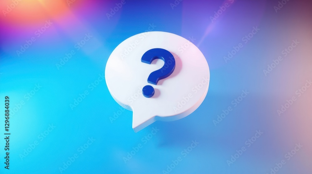 Poster question mark inside a white speech bubble floating in a blue space suggests ideas and problem solvi