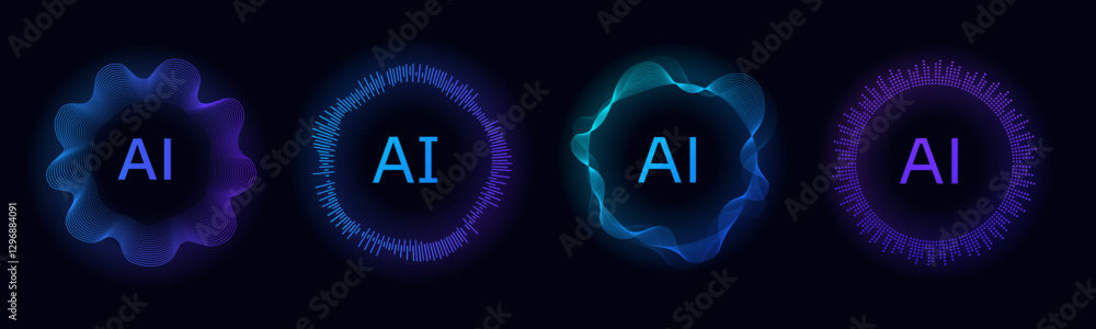 Poster a minimalistic blue circular icon with radial waveforms, symbolizing ai voice recognition, digital n