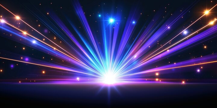 Abstract futuristic glowing blue neon light lines with speed motion moving on dark blue background.