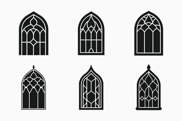 Islamic window silhouette icon bundle set in black and white isolated flat vector illustration for eid celebration