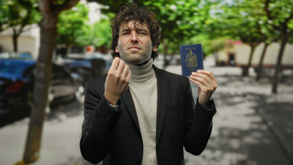 Man holding canadian passport outdoors on city street expressing joy and confidence, emphasizing...