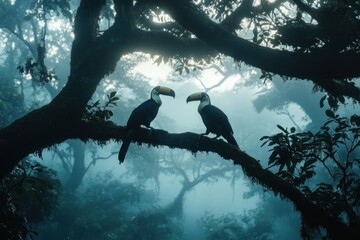 Two toucans perched on a branch in a misty rainforest, facing each other.