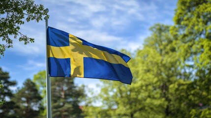 A close-up of the Sweden flag waving proudly on a flagpole during a national celebration