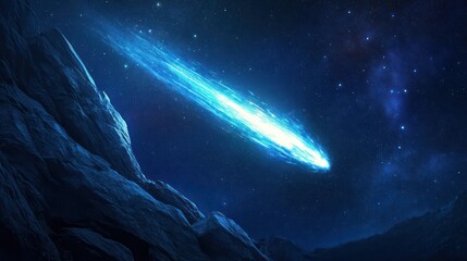 A bright blue comet streaks across a dark star filled night sky