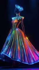 Futuristic fashion design featuring a glowing multicolored LED gown with an avant-garde silhouette, creating a striking and high-tech aesthetic
